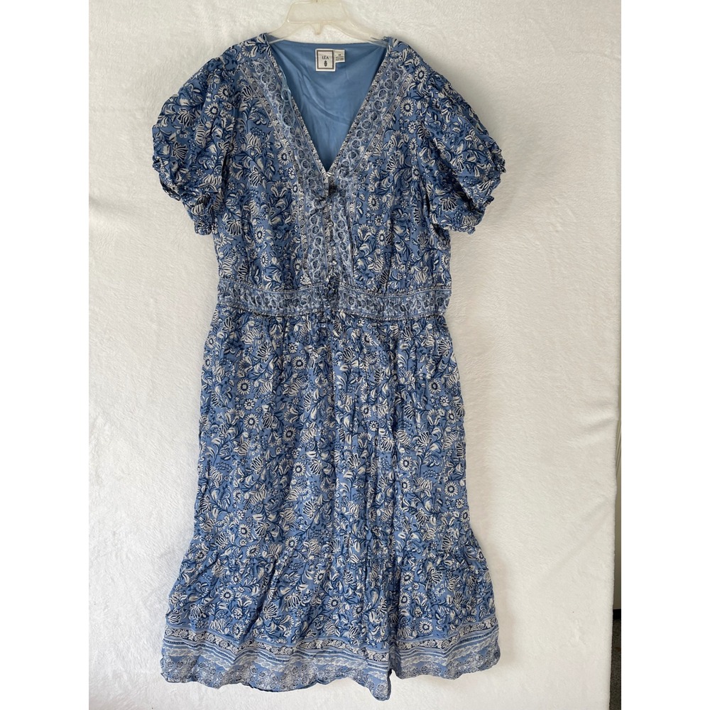 LEA Blue Floral Cotton Puff Sleeve Smocked Midi Dress 3X Cottagecore Boho